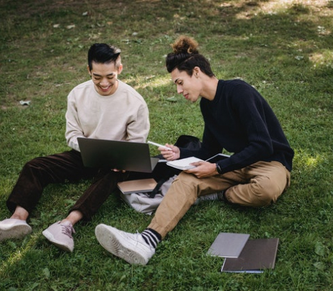 High angle full body of diverse classmates using laptop for homework assignment while sitting on grass in park