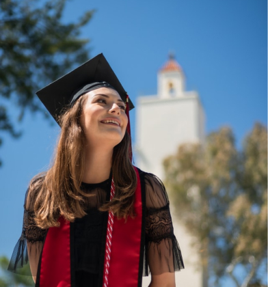 woman in black academic dress and red scarf